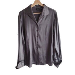 INC Y2K Silver Button-Up SIlk Blouse Size 14 Fits like a L Sleek Gray Shirt
